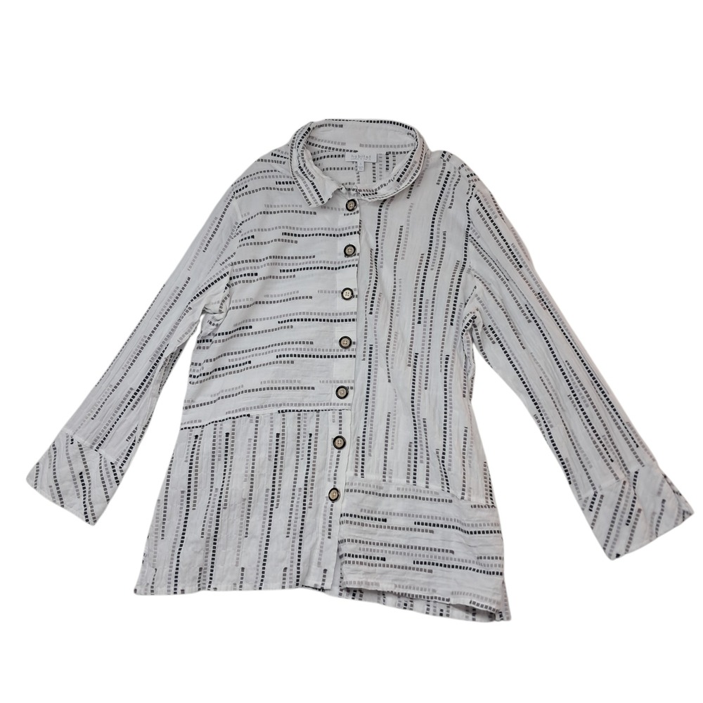 Habitat Top Women's Small White Crinkle Dash Embroidered Lagenlook